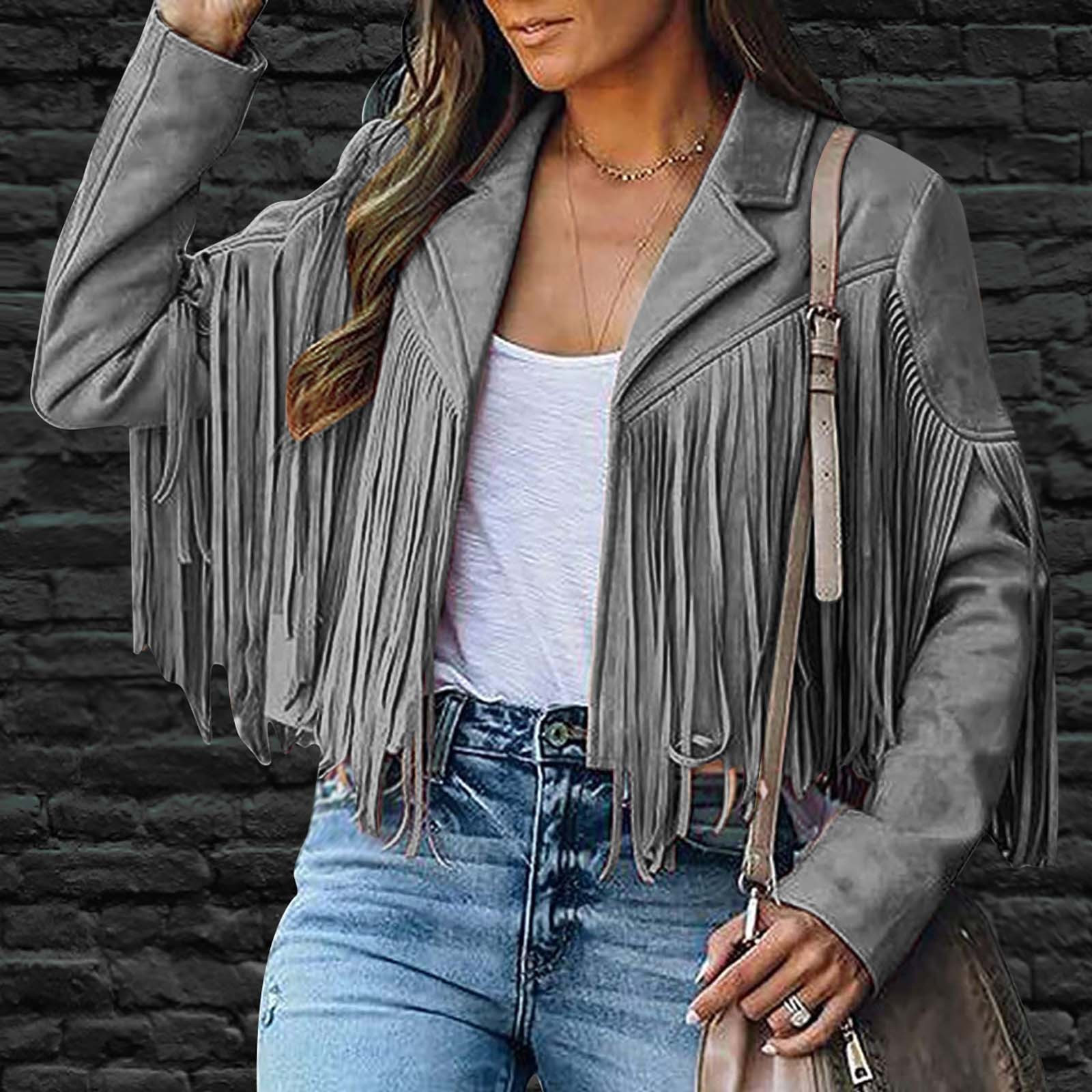 Kayannuo Womens Coats and Jackets Fringe Trim Lapel Plain Open Front Tops for Women Fringe Coat For Women Faux Suede Leather Cowboy Style Coat Long Sleeve Tassels Cardigan Coat
